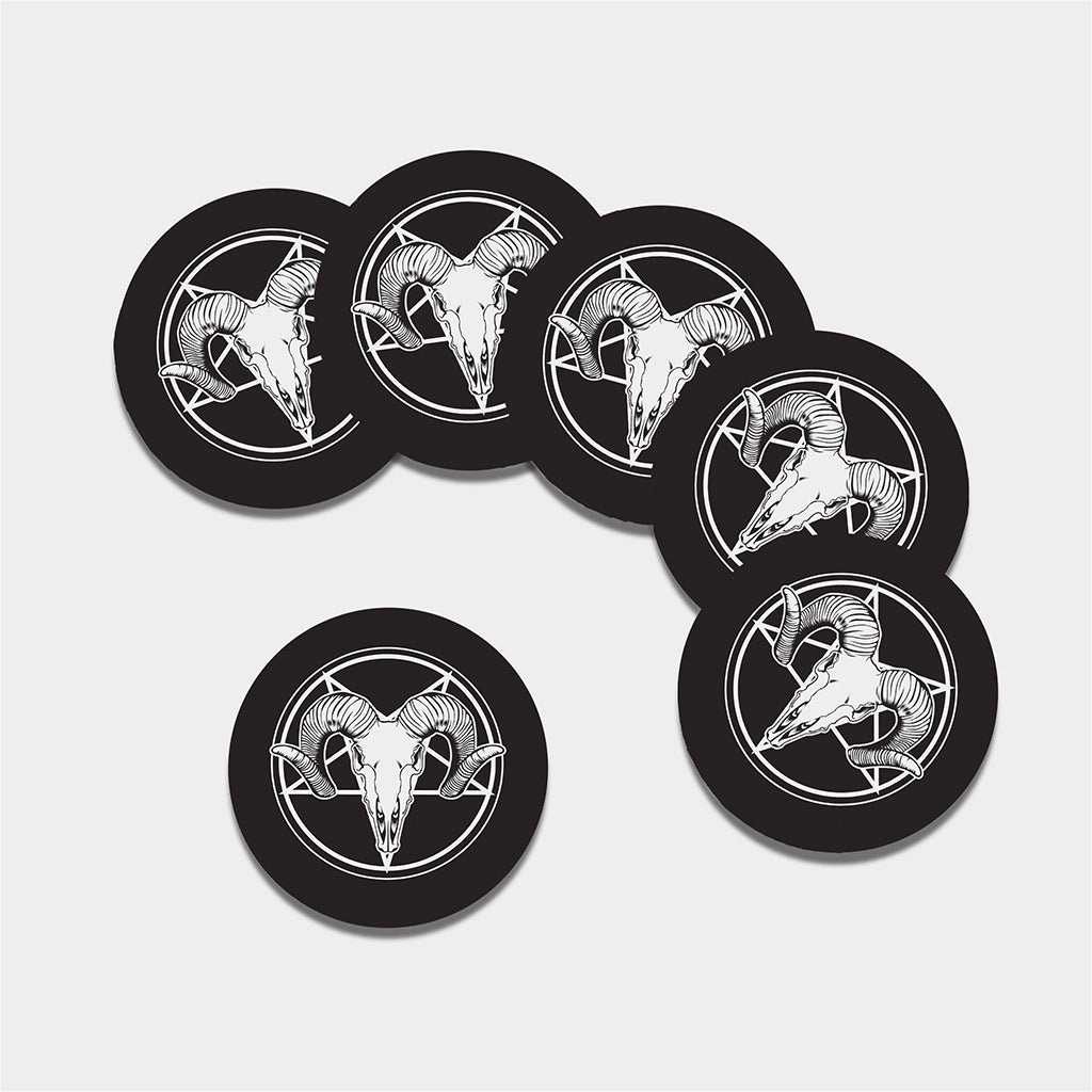 Satan Goat Skull Pentagram Print Leather Coaster Set