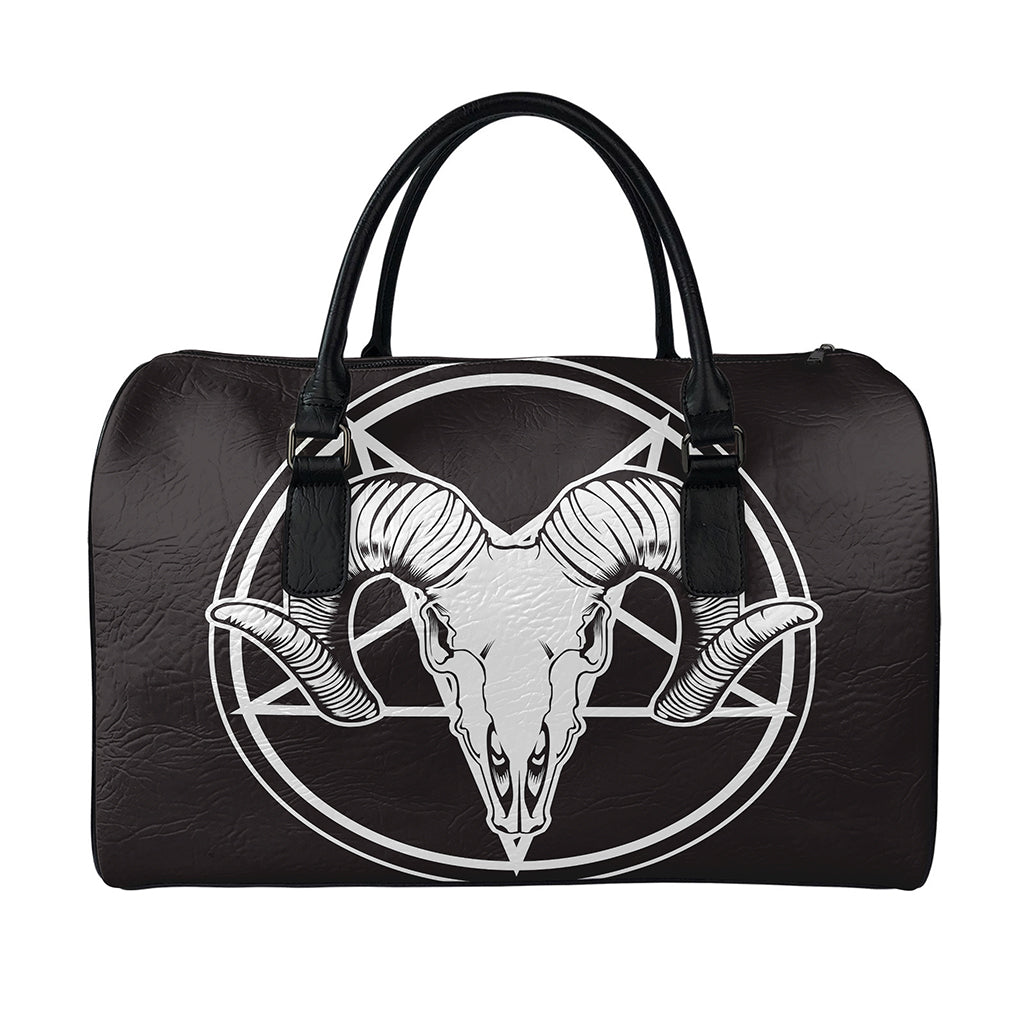 Satan Goat Skull Pentagram Print Leather Duffle Bag