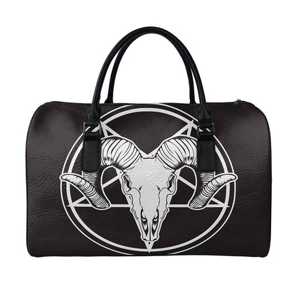 Satan Goat Skull Pentagram Print Leather Duffle Bag