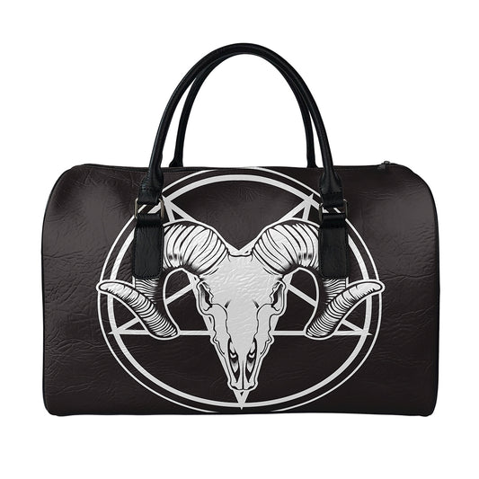 Satan Goat Skull Pentagram Print Leather Duffle Bag