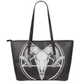 Satan Goat Skull Pentagram Print Leather Tote Bag With Zipper