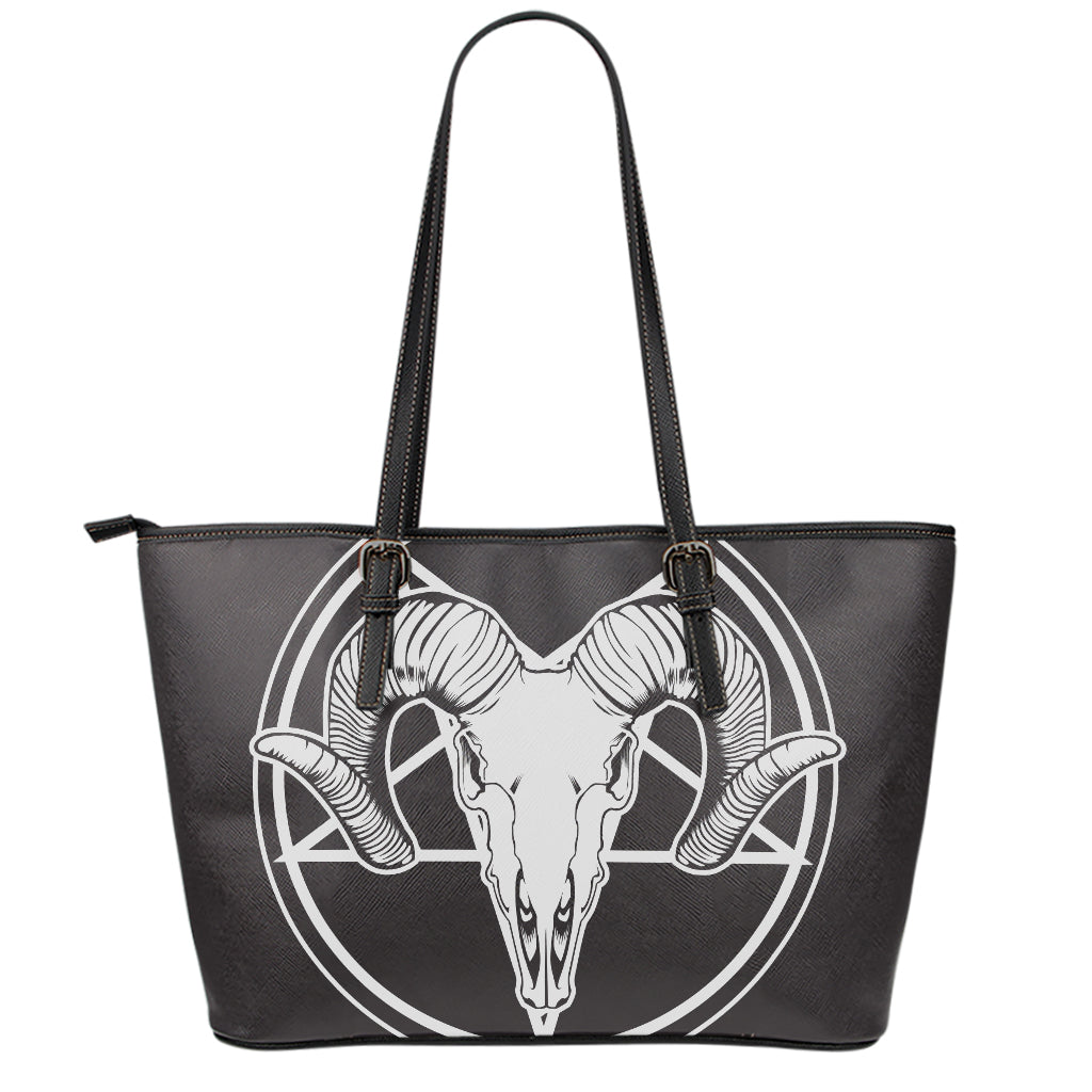Satan Goat Skull Pentagram Print Leather Tote Bag