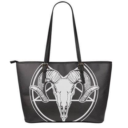 Satan Goat Skull Pentagram Print Leather Tote Bag