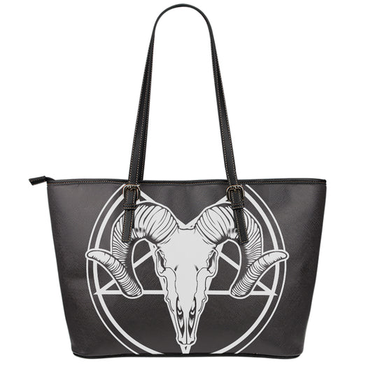Satan Goat Skull Pentagram Print Leather Tote Bag