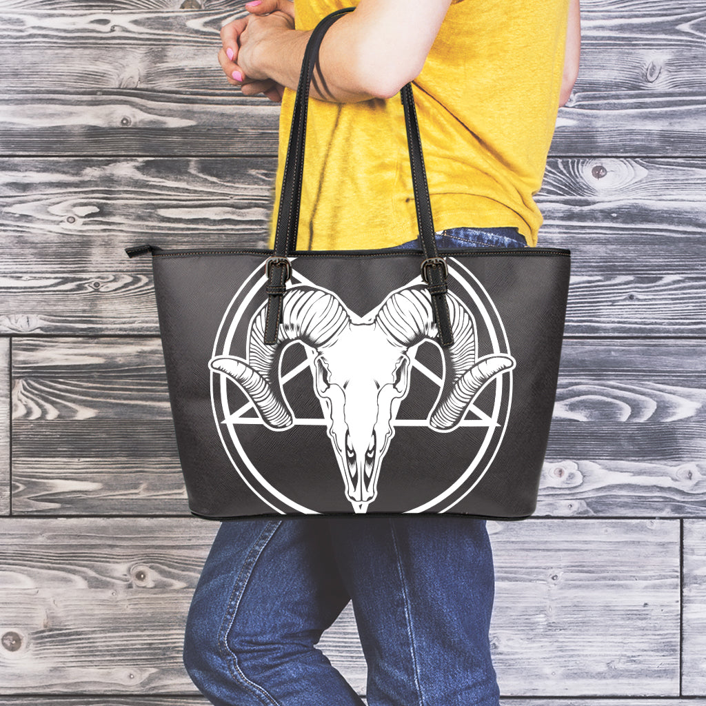 Satan Goat Skull Pentagram Print Leather Tote Bag
