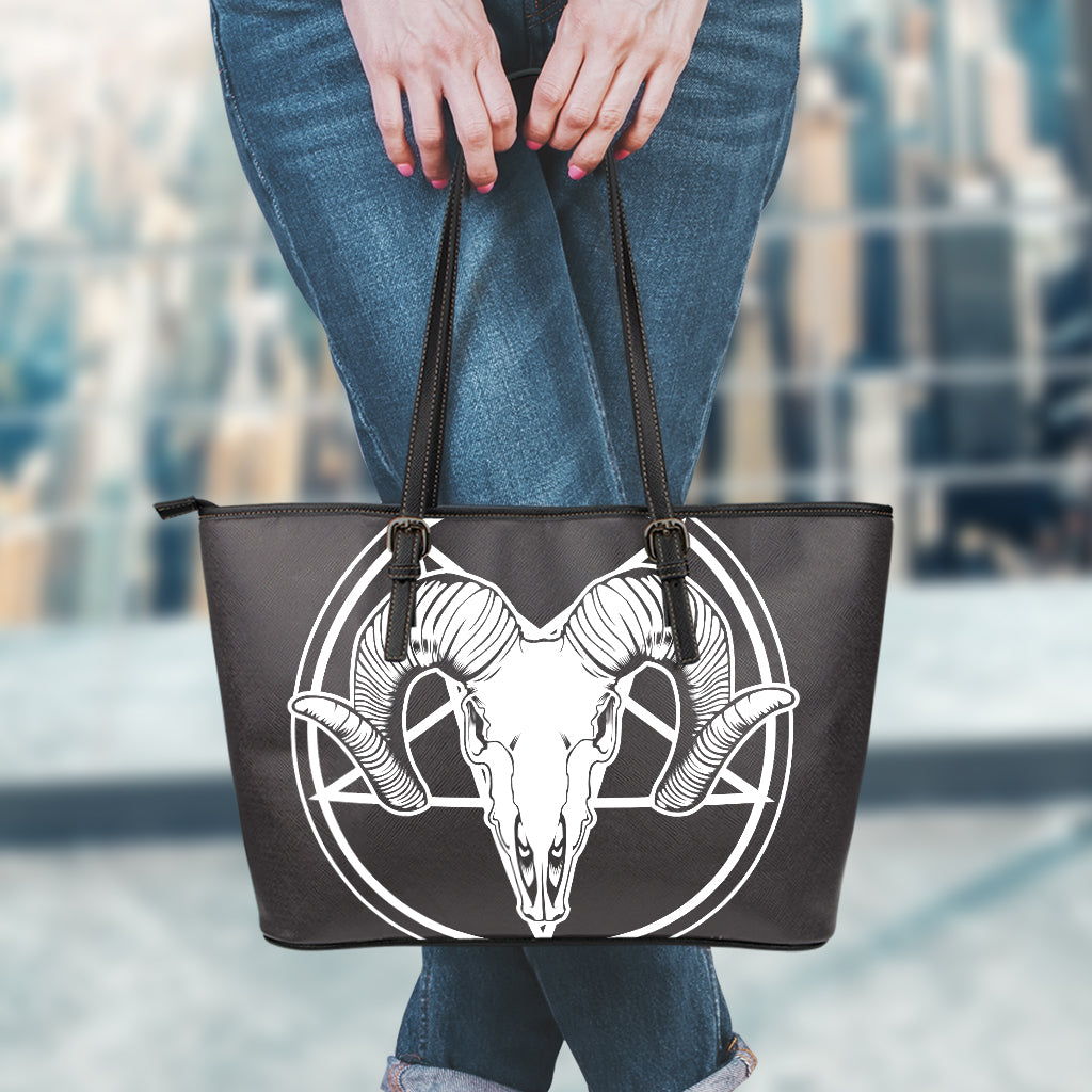 Satan Goat Skull Pentagram Print Leather Tote Bag