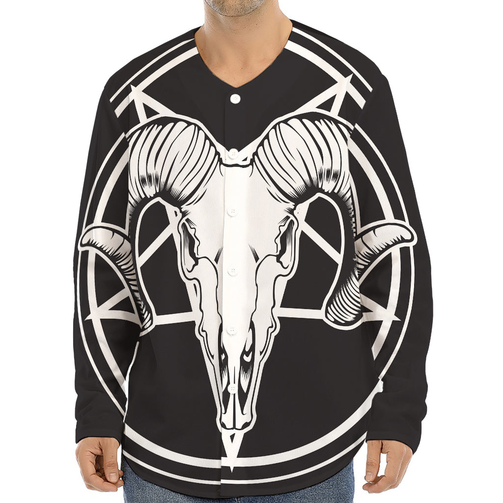 Satan Goat Skull Pentagram Print Long Sleeve Baseball Jersey