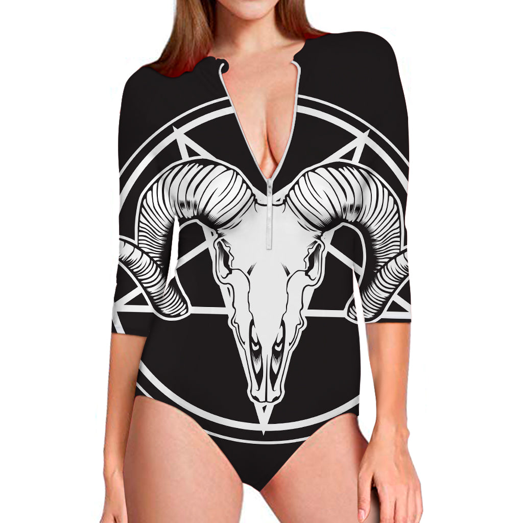 Satan Goat Skull Pentagram Print Long Sleeve Swimsuit