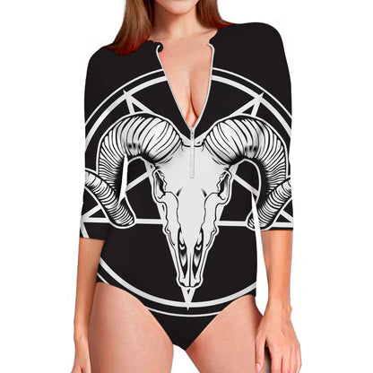 Satan Goat Skull Pentagram Print Long Sleeve Swimsuit