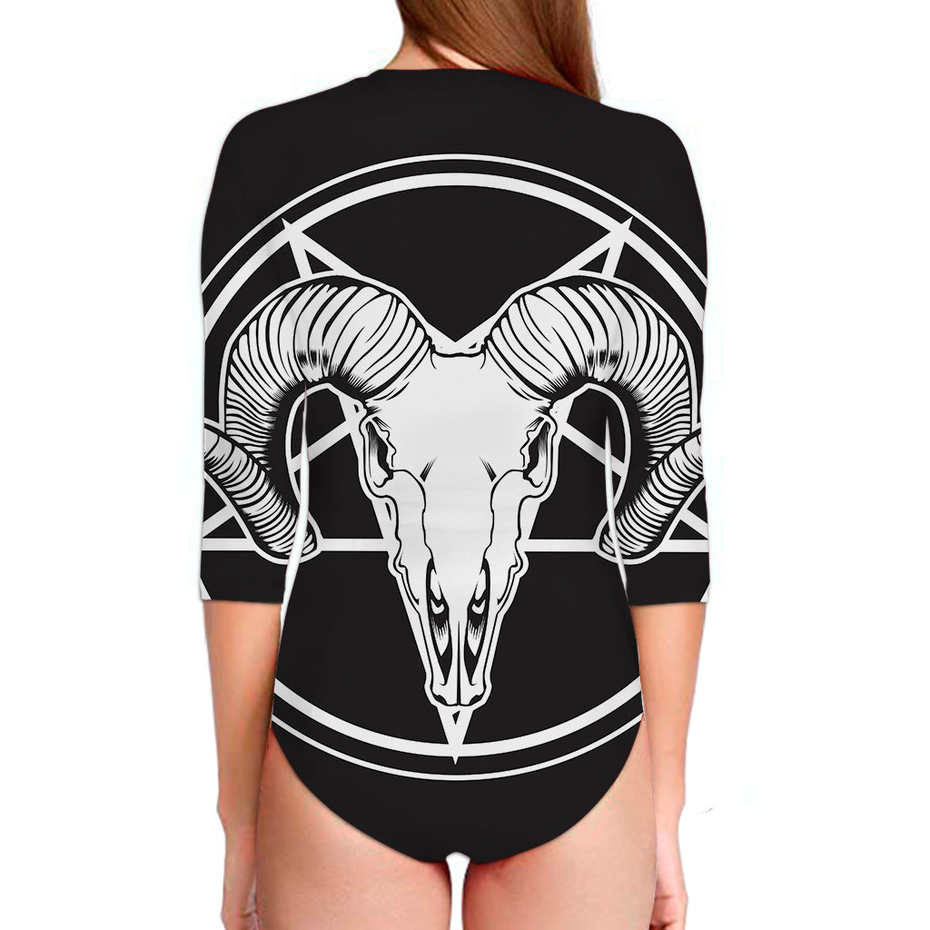 Satan Goat Skull Pentagram Print Long Sleeve Swimsuit