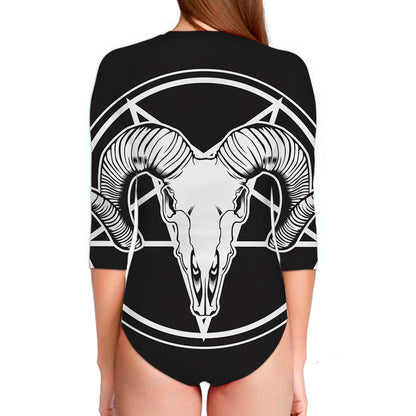 Satan Goat Skull Pentagram Print Long Sleeve Swimsuit