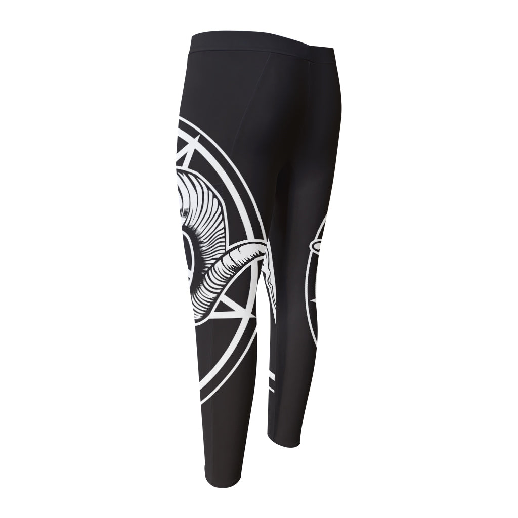 Satan Goat Skull Pentagram Print Men's Compression Pants