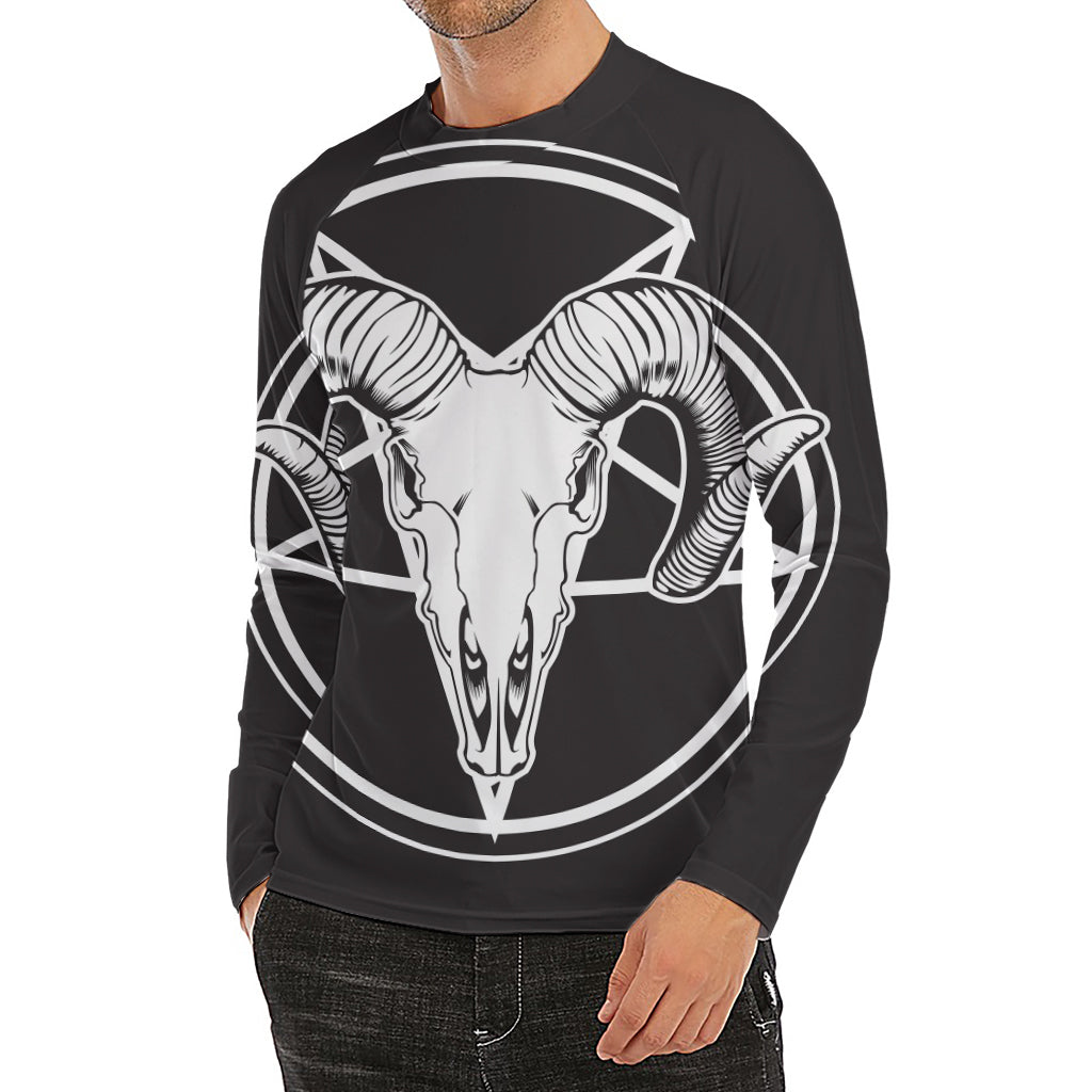 Satan Goat Skull Pentagram Print Men's Long Sleeve Rash Guard