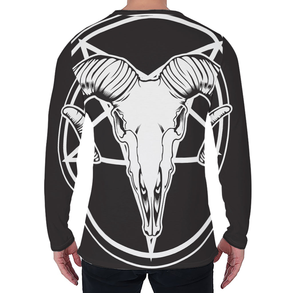 Satan Goat Skull Pentagram Print Men's Long Sleeve T-Shirt