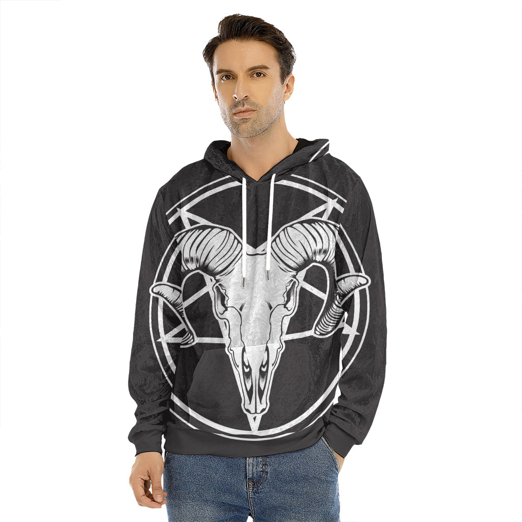 Satan Goat Skull Pentagram Print Men's Velvet Pullover Hoodie