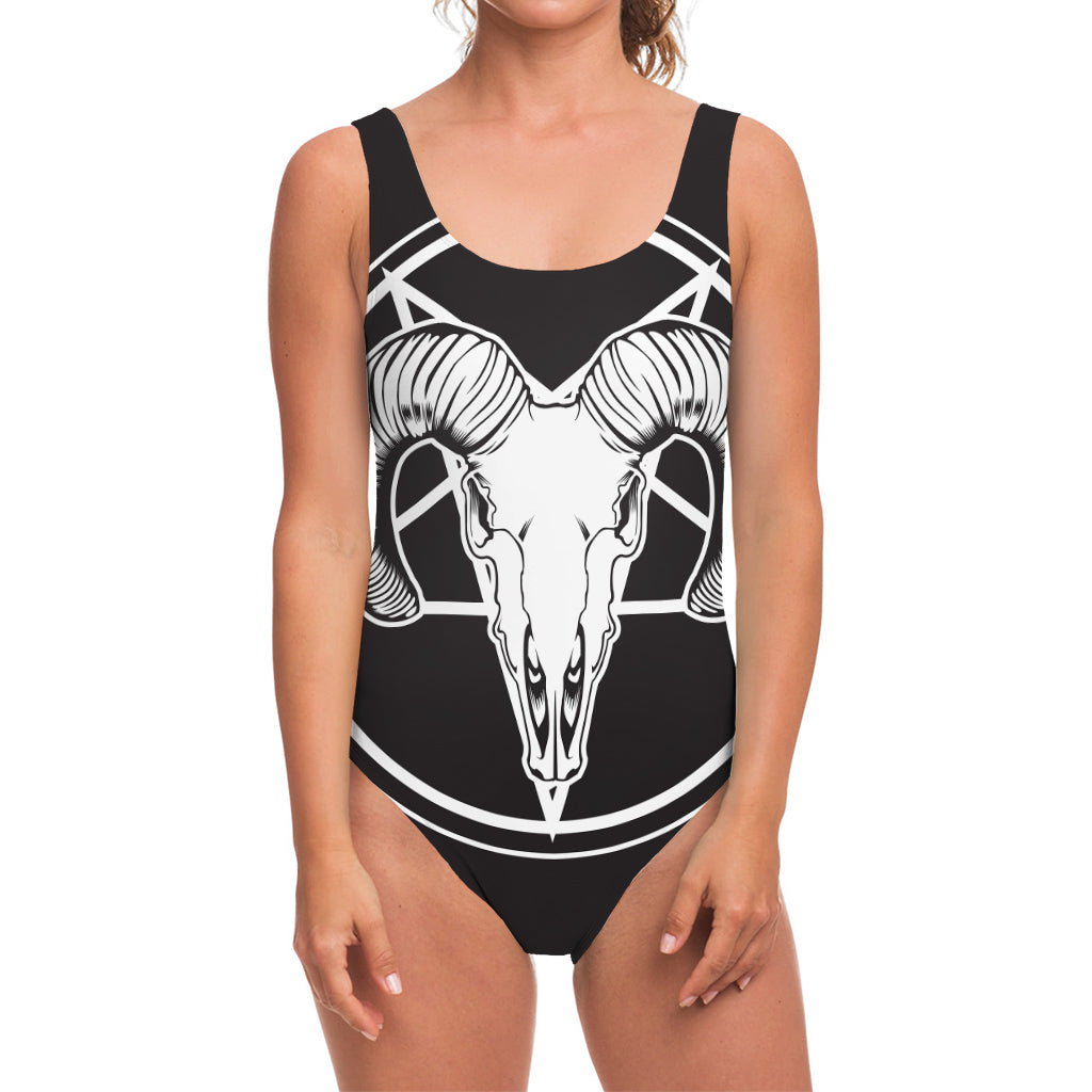 Satan Goat Skull Pentagram Print One Piece Swimsuit
