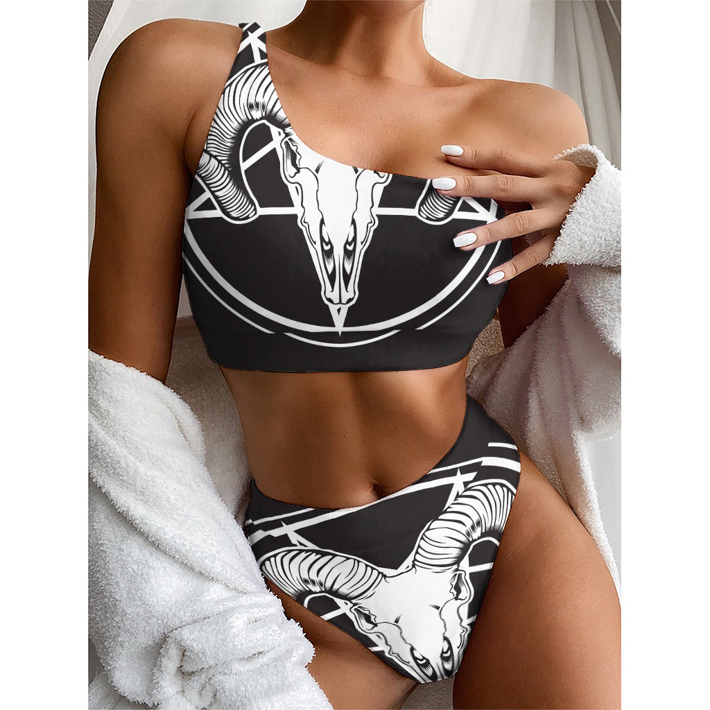 Satan Goat Skull Pentagram Print One Shoulder Bikini Top