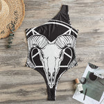 Satan Goat Skull Pentagram Print One Shoulder Bodysuit