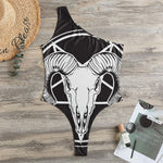 Satan Goat Skull Pentagram Print One Shoulder Bodysuit