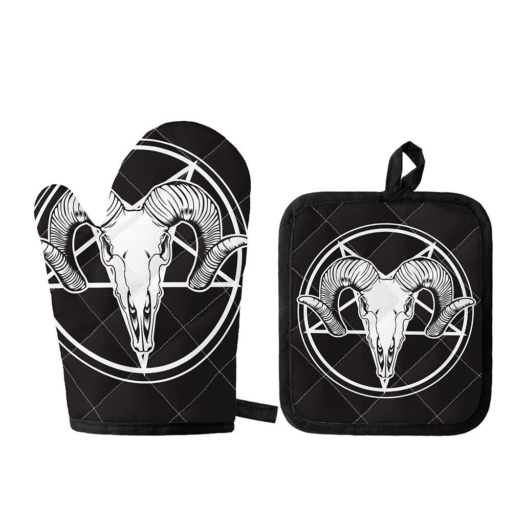 Satan Goat Skull Pentagram Print Oven Mitt And Pot Holder Set