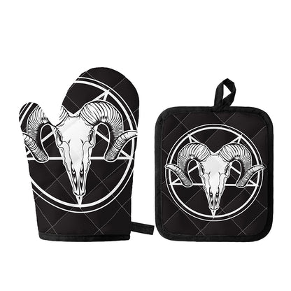 Satan Goat Skull Pentagram Print Oven Mitt And Pot Holder Set
