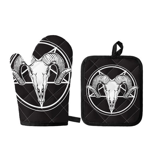Satan Goat Skull Pentagram Print Oven Mitt And Pot Holder Set