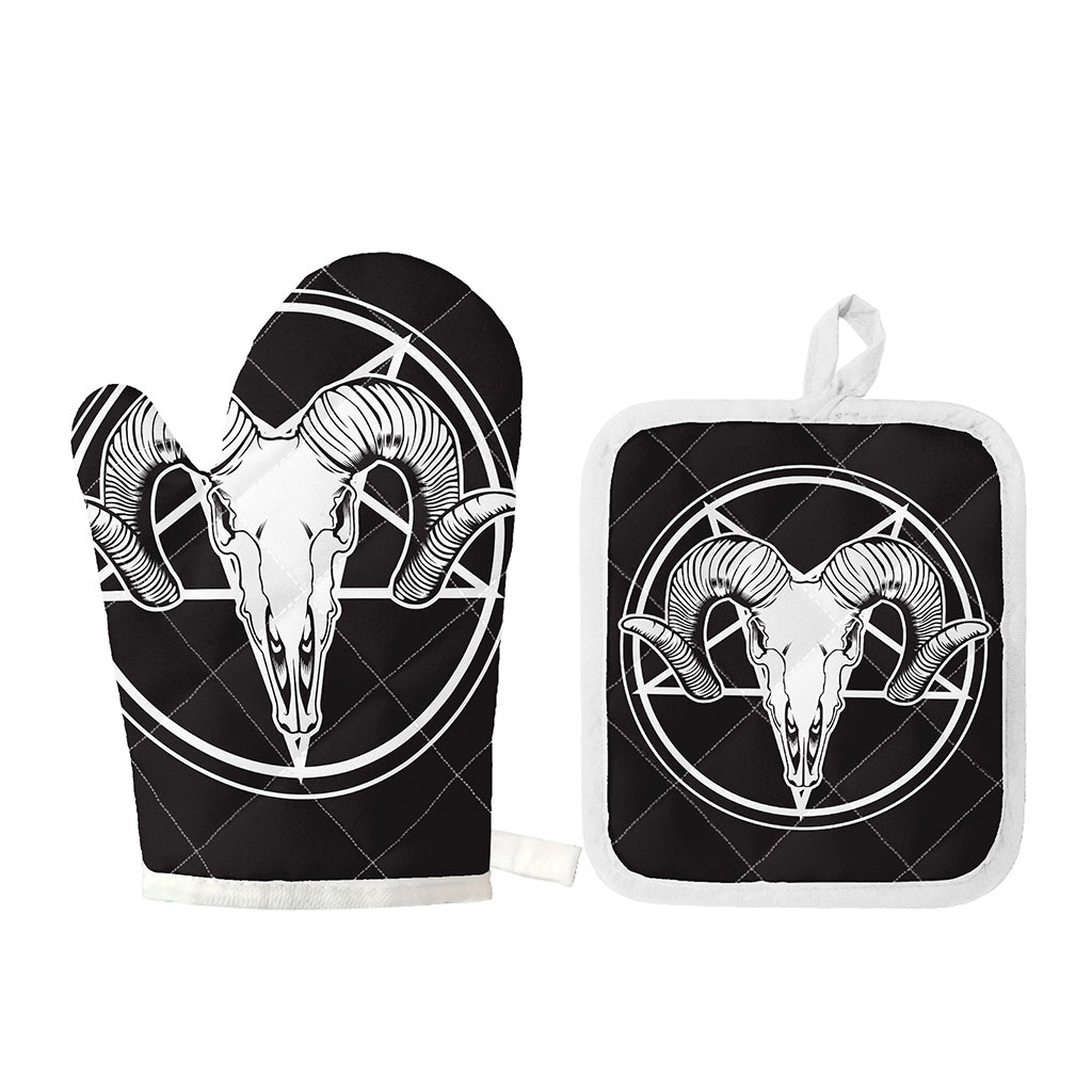 Satan Goat Skull Pentagram Print Oven Mitt And Pot Holder Set