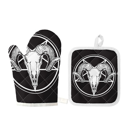 Satan Goat Skull Pentagram Print Oven Mitt And Pot Holder Set