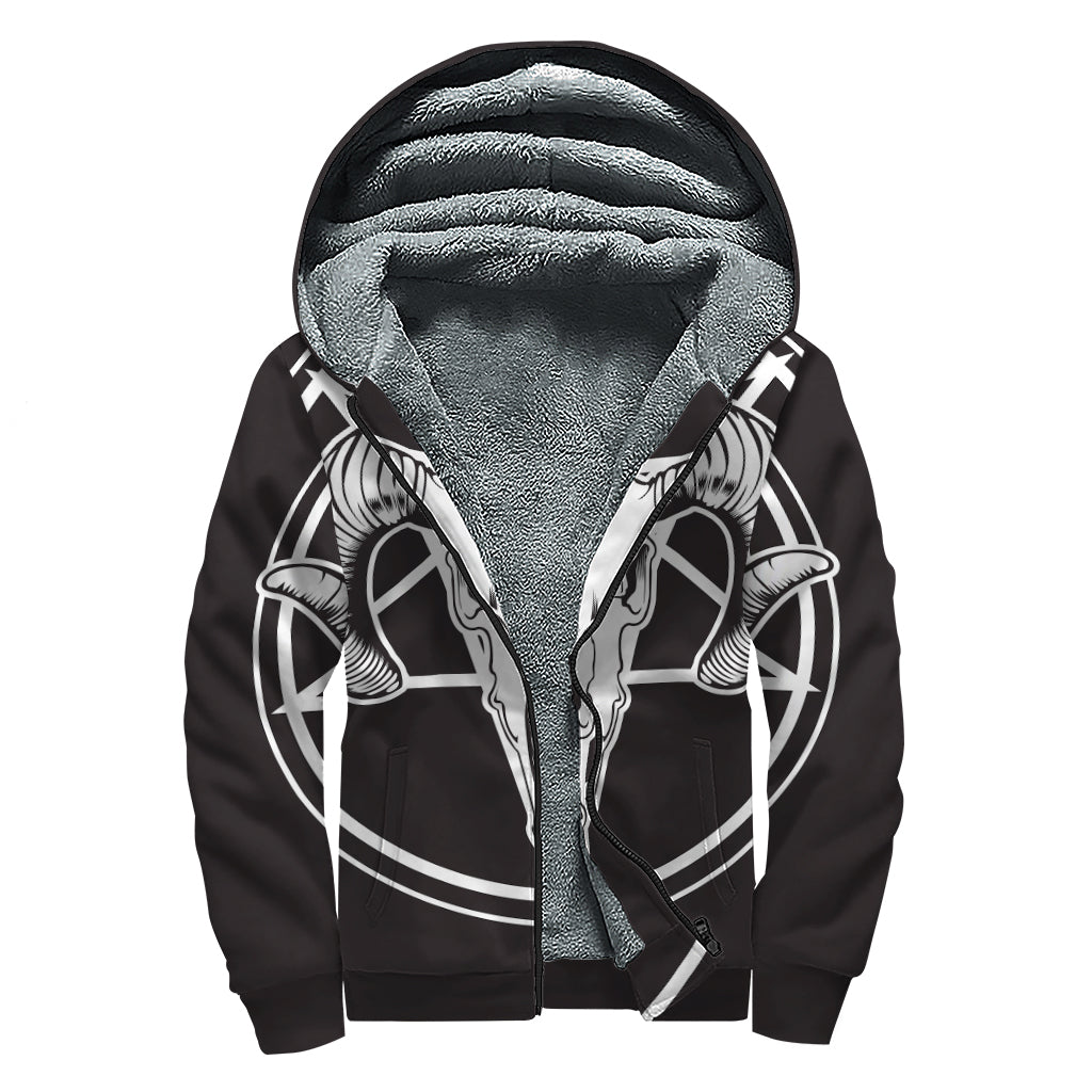 Satan Goat Skull Pentagram Print Sherpa Lined Zip Up Hoodie