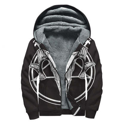 Satan Goat Skull Pentagram Print Sherpa Lined Zip Up Hoodie