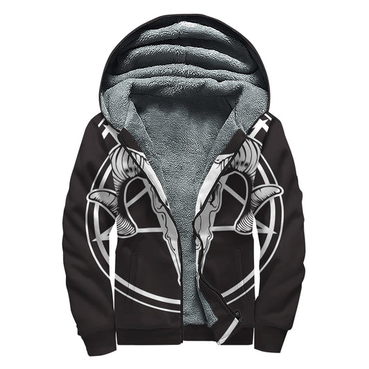 Satan Goat Skull Pentagram Print Sherpa Lined Zip Up Hoodie