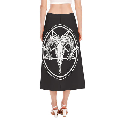 Satan Goat Skull Pentagram Print Side Slit Midi Skirt