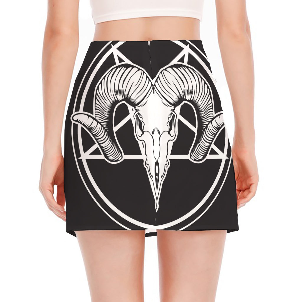 Satan Goat Skull Pentagram Print Side Slit Mini Skirt