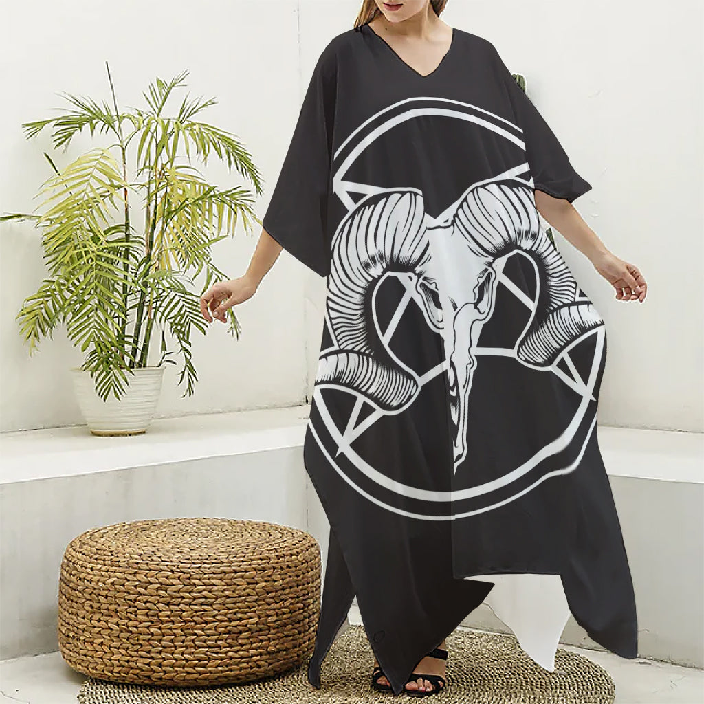 Satan Goat Skull Pentagram Print Silk V-Neck Kaftan Dress
