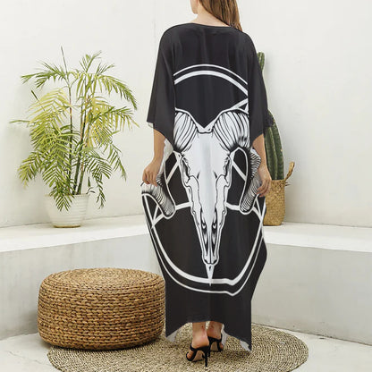 Satan Goat Skull Pentagram Print Silk V-Neck Kaftan Dress