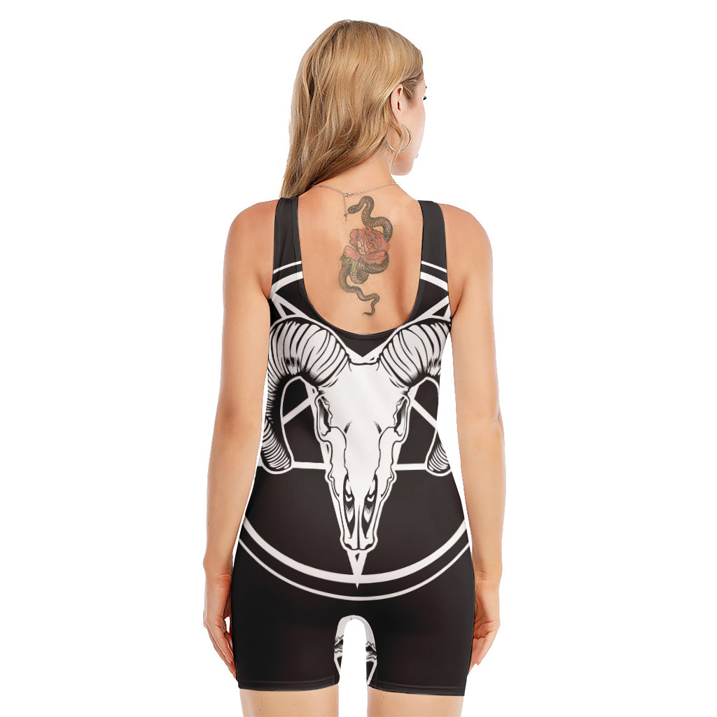 Satan Goat Skull Pentagram Print Sleeveless One Piece Swimsuit