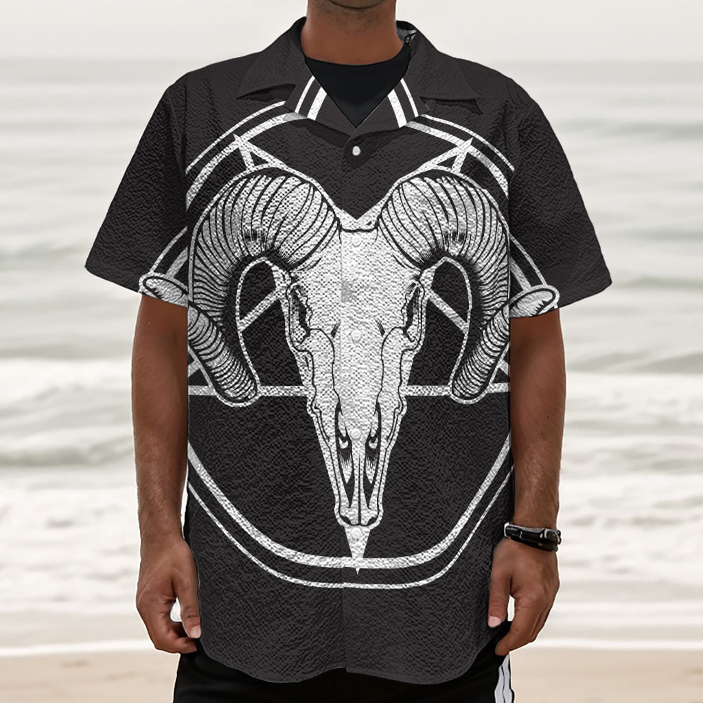 Satan Goat Skull Pentagram Print Textured Short Sleeve Shirt