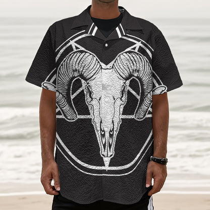 Satan Goat Skull Pentagram Print Textured Short Sleeve Shirt