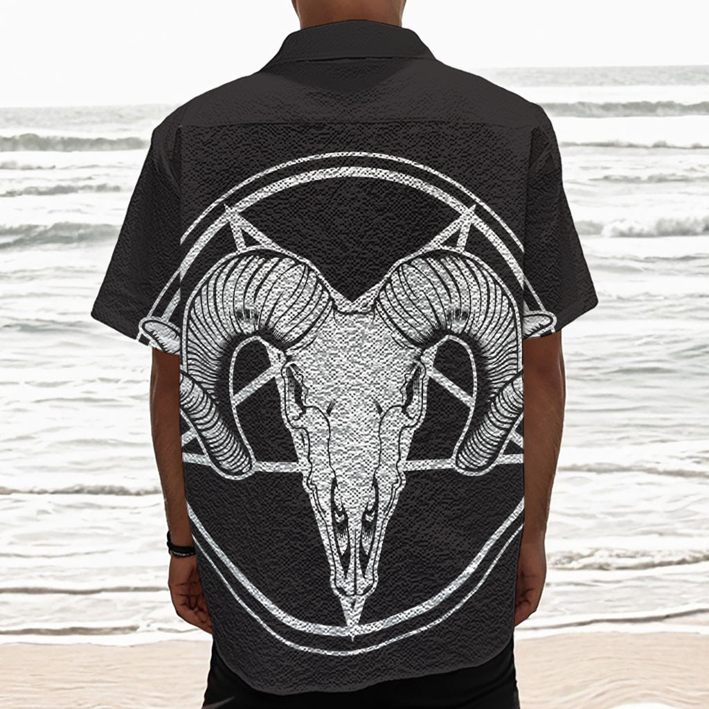 Satan Goat Skull Pentagram Print Textured Short Sleeve Shirt