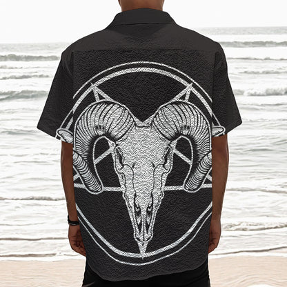 Satan Goat Skull Pentagram Print Textured Short Sleeve Shirt