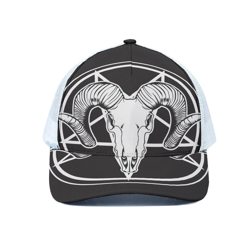 Satan Goat Skull Pentagram Print White Mesh Trucker Cap