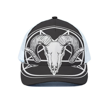 Satan Goat Skull Pentagram Print White Mesh Trucker Cap
