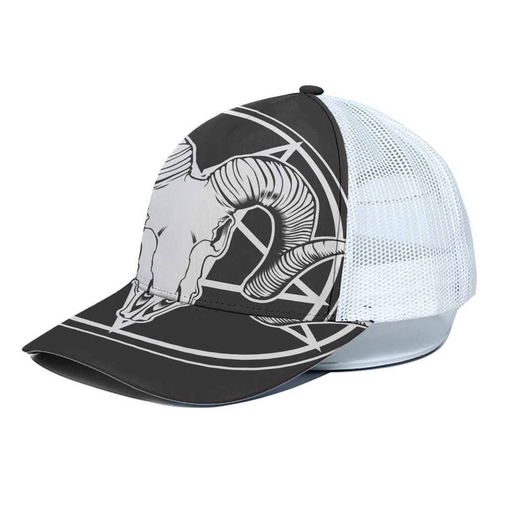 Satan Goat Skull Pentagram Print White Mesh Trucker Cap