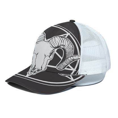 Satan Goat Skull Pentagram Print White Mesh Trucker Cap