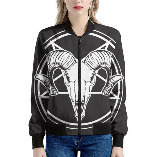 Satan Goat Skull Pentagram Print Women's Bomber Jacket