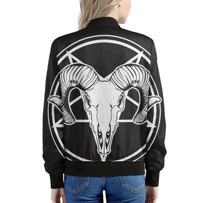 Satan Goat Skull Pentagram Print Women's Bomber Jacket