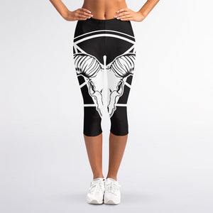 Satan Goat Skull Pentagram Print Women's Capri Leggings