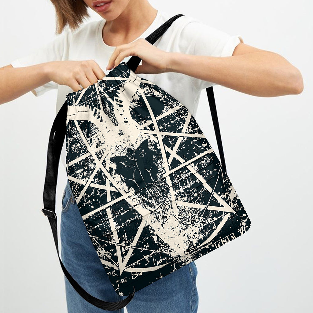 Satan Goat Skull Symbol Print Drawstring Backpack