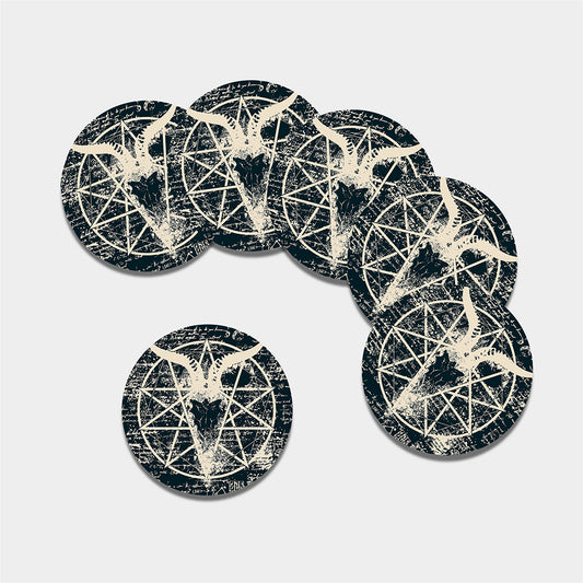 Satan Goat Skull Symbol Print Leather Coaster Set