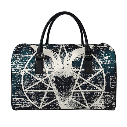 Satan Goat Skull Symbol Print Leather Duffle Bag